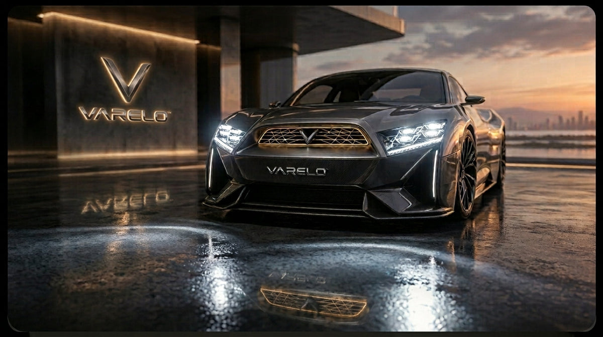 VARELO luxury electric hypercar on highly reflective wet pavement with glowing front emblem and illuminated headlamps – Chapter II: The Fluid Chassis