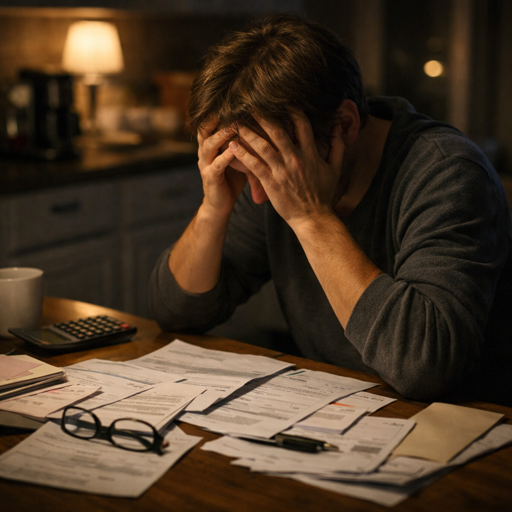 Man sitting at a table with overdue bills, head bowed and hands on his head, overwhelmed in a dimly lit room.