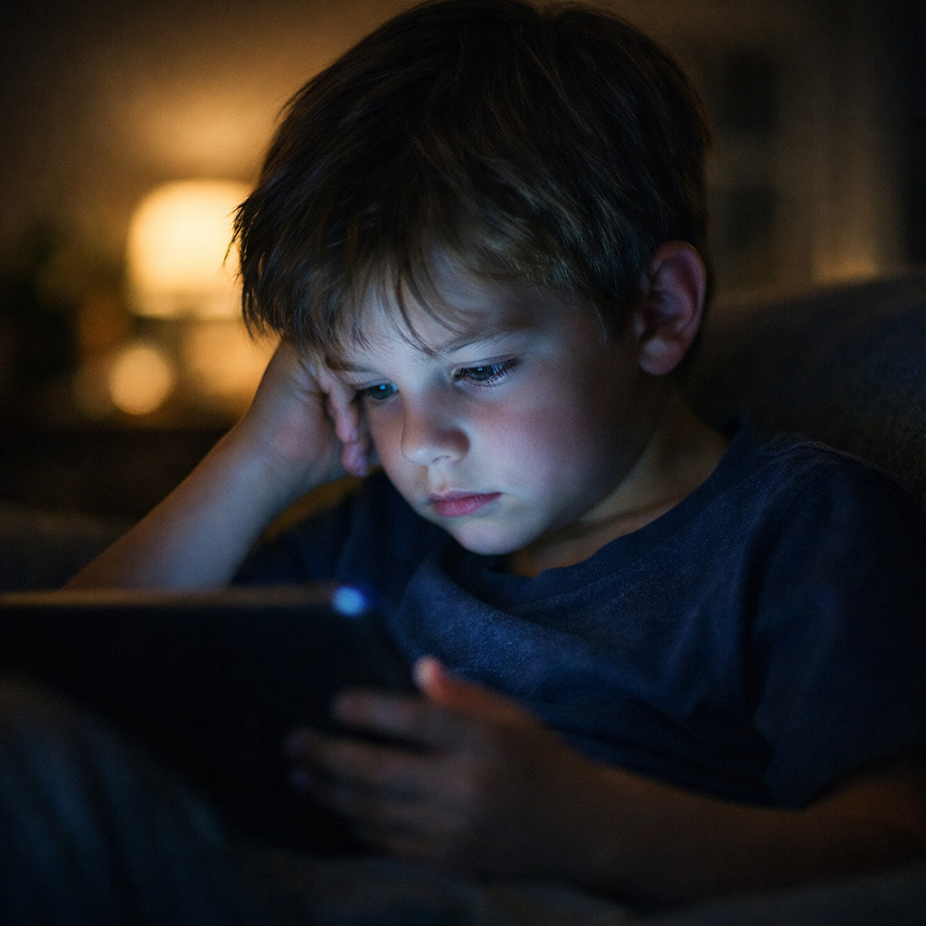Young boy sitting indoors, illuminated by the glow of a screen, focused and quiet in a dimly lit room.