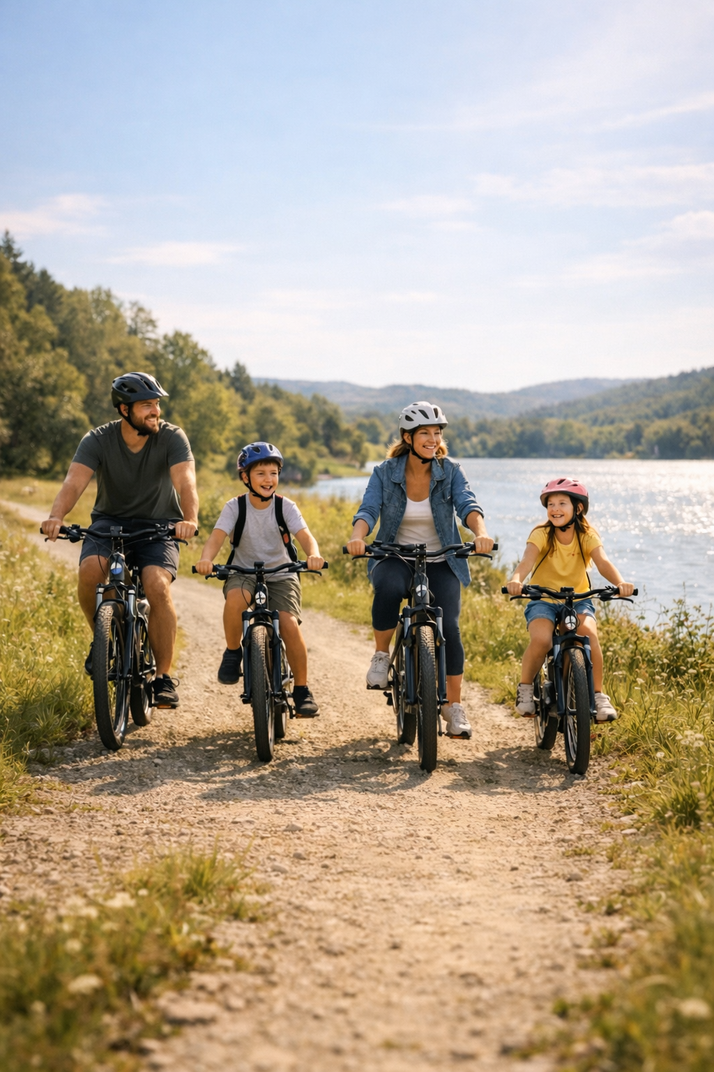 Family riding electric bikes together along a lakeside trail on a sunny day, surrounded by green hills and calm water.