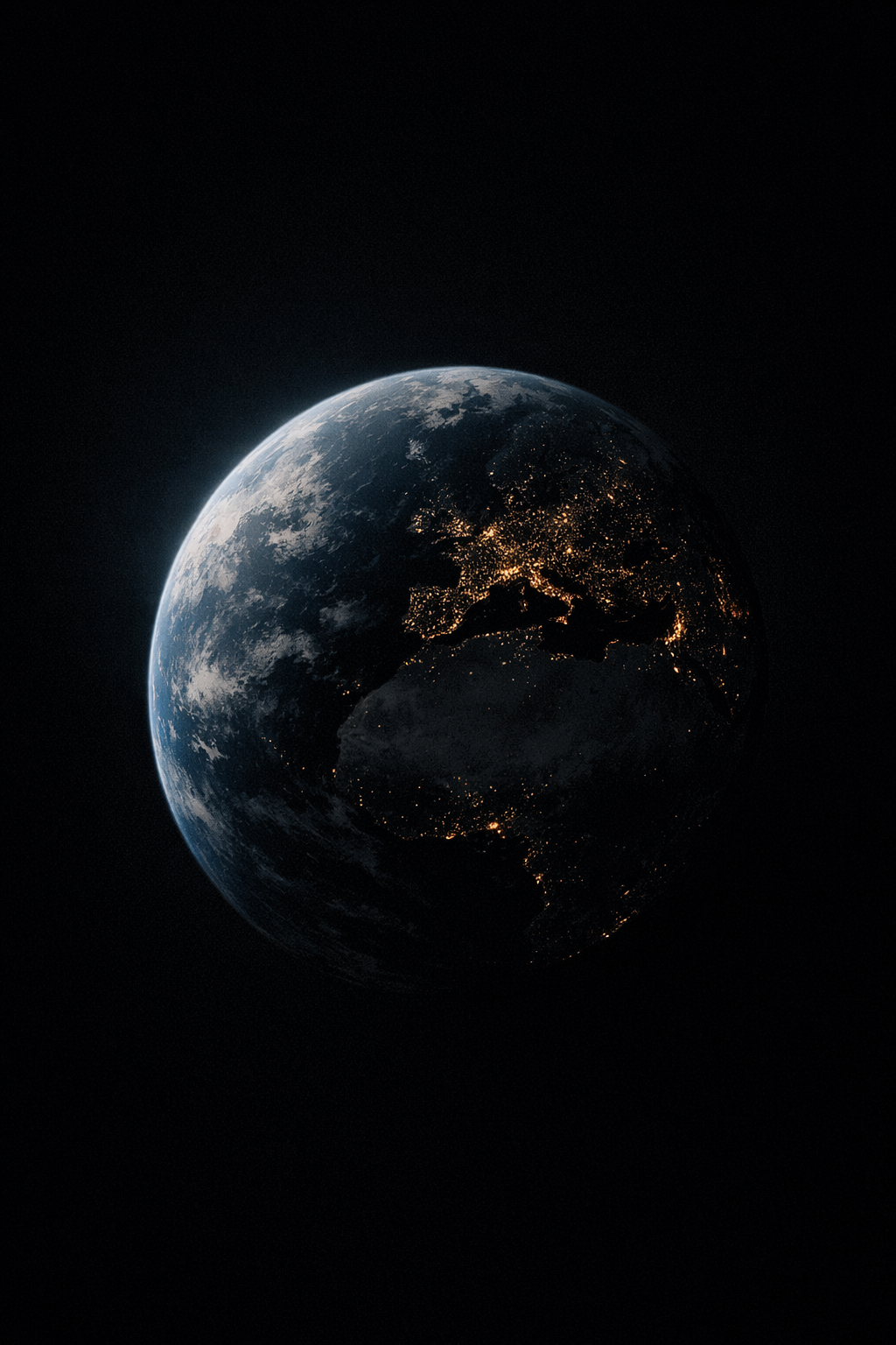 Tilted night‑side view of Earth from space, with golden city lights glowing across the continents and a soft blue atmospheric edge fading into darkness.