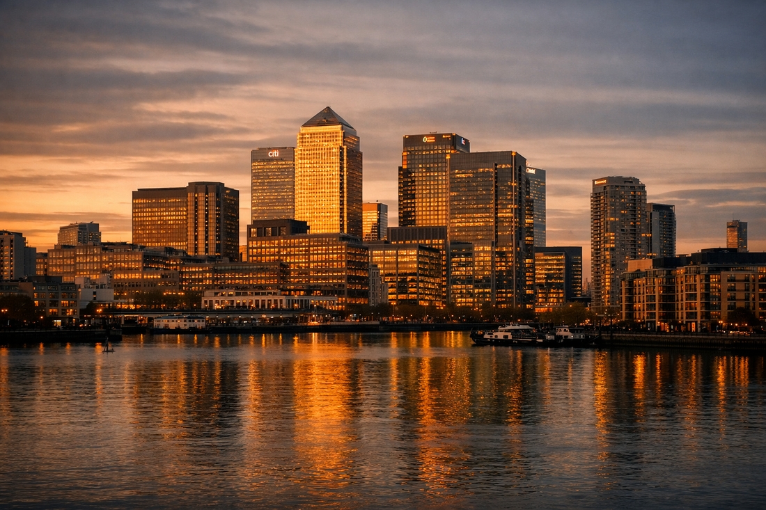 A cinematic golden‑hour view of London’s Canary Wharf financial district, with warm light reflecting off the glass skyscrapers and calm Thames water in the foreground.