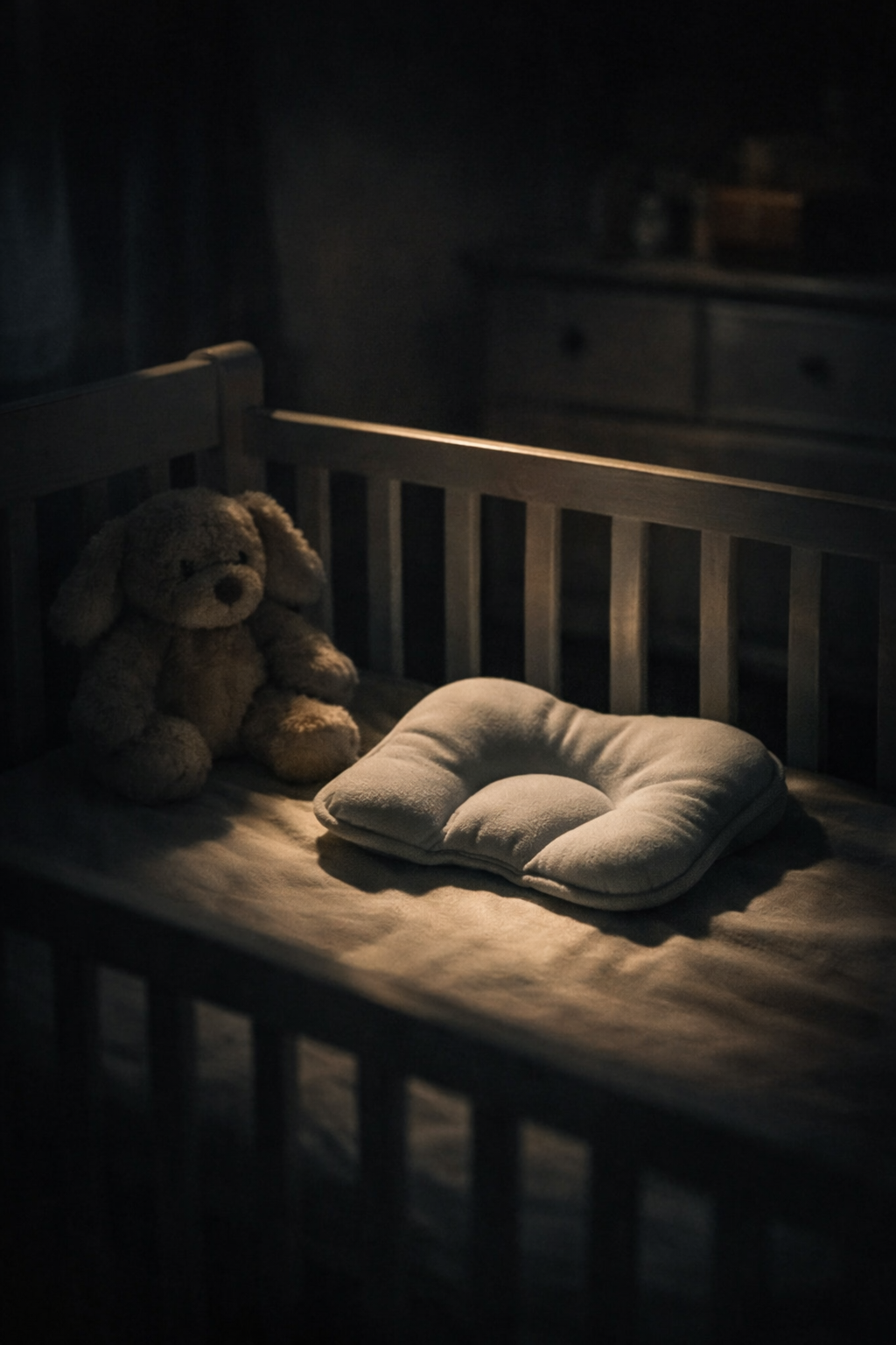 A dimly lit baby cot sits in shadow with a soft contoured pillow and a plush toy illuminated by a narrow beam of light, creating a tense, warning‑like atmosphere.