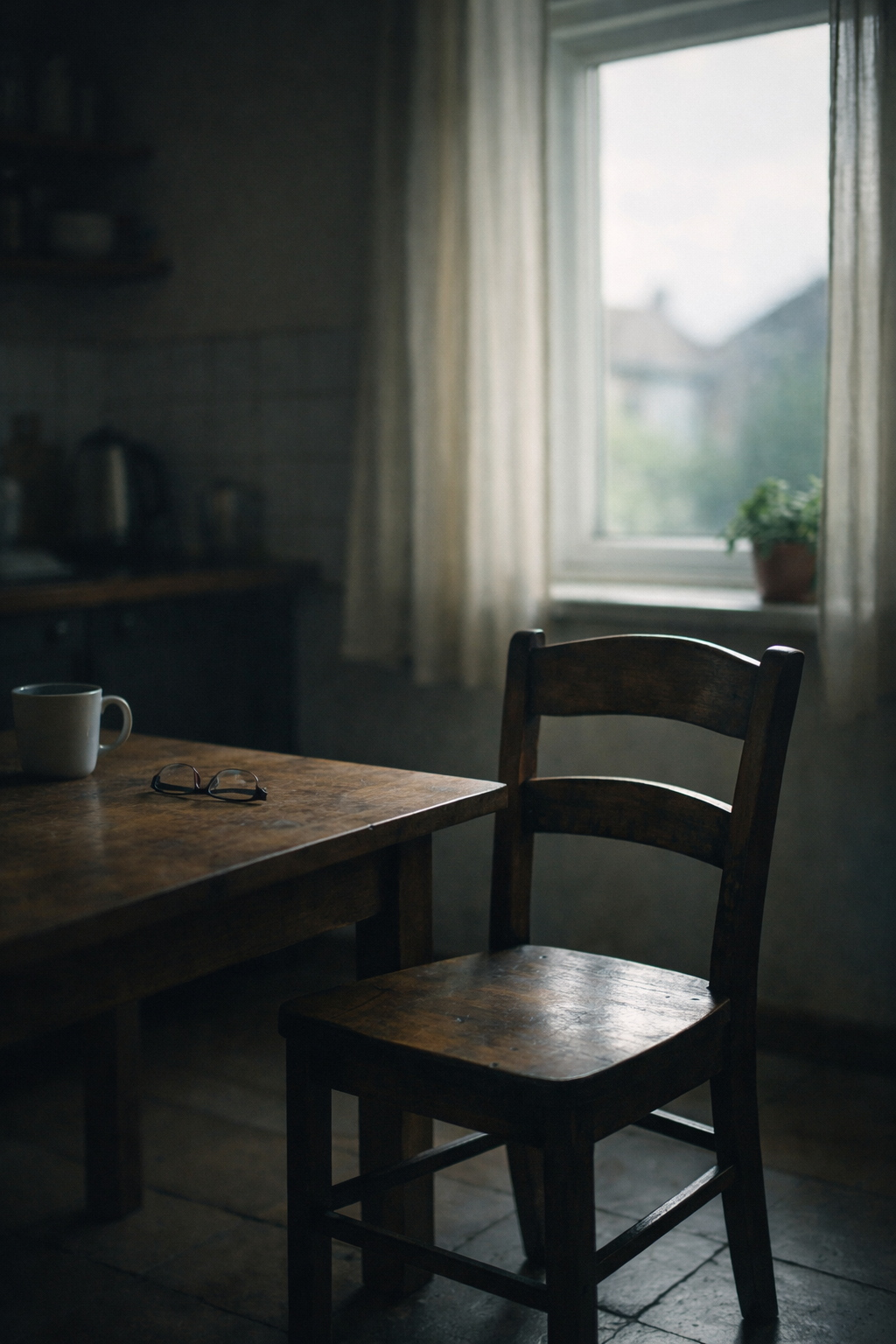 Empty wooden chair at a kitchen table in soft morning light, symbolising loneliness and quiet absence. A coffee mug and reading glasses rest on the table, evoking solitude and reflection.