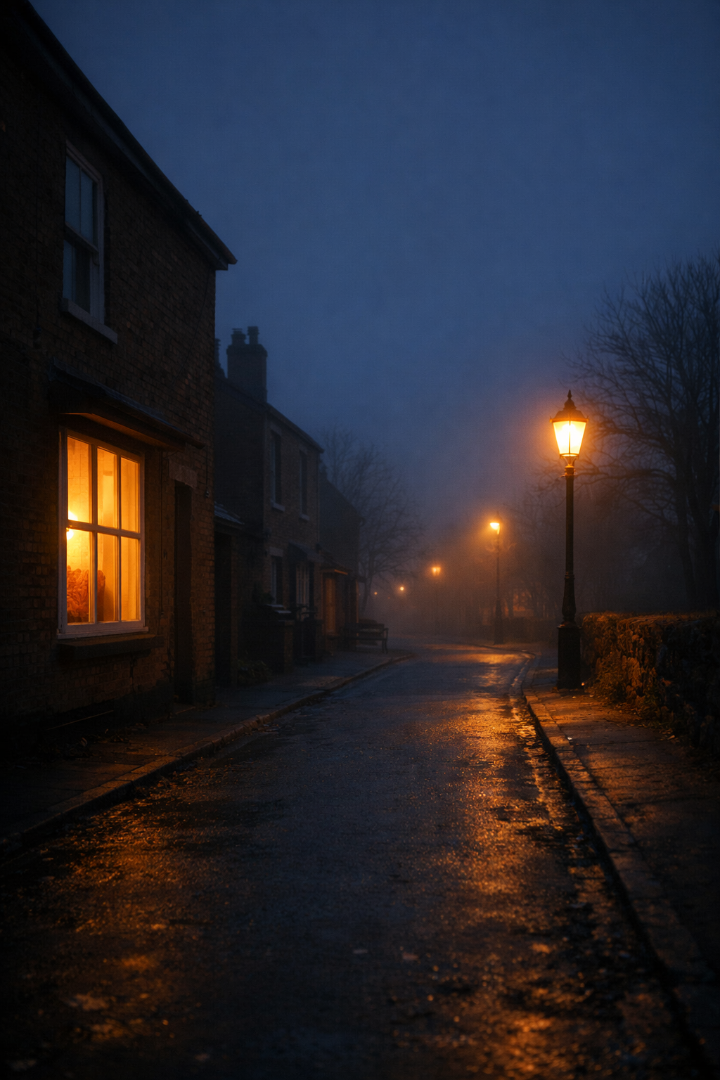 A quiet, empty street at twilight with a single warm window and street lamp glowing, symbolising the first small steps toward reconnection and belonging in the UK and Ireland.