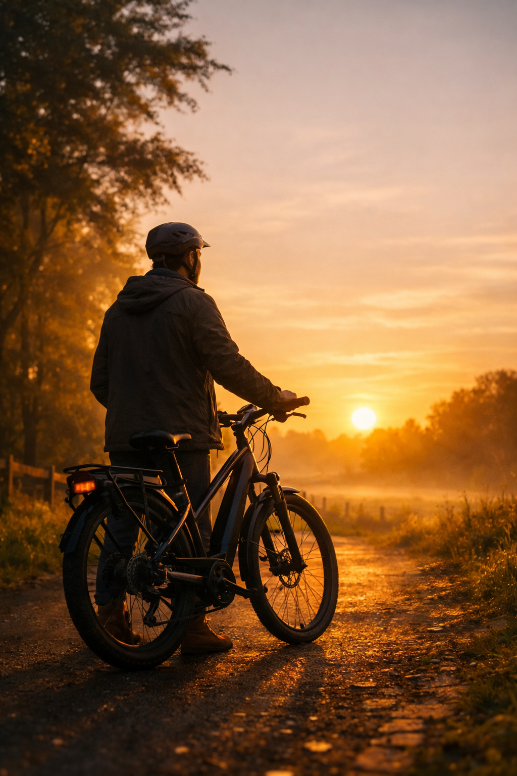 A calm golden‑hour scene with a person standing beside their e‑bike, symbolising confidence, presence, and the quiet return to identity.