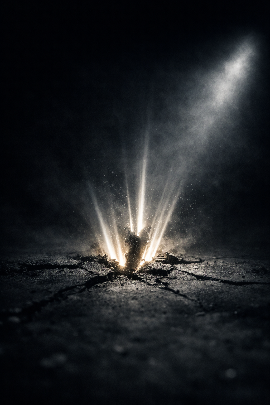 Light beams breaking through cracked ground in darkness, symbolising resilience, pressure, and the rise of VARELO™.