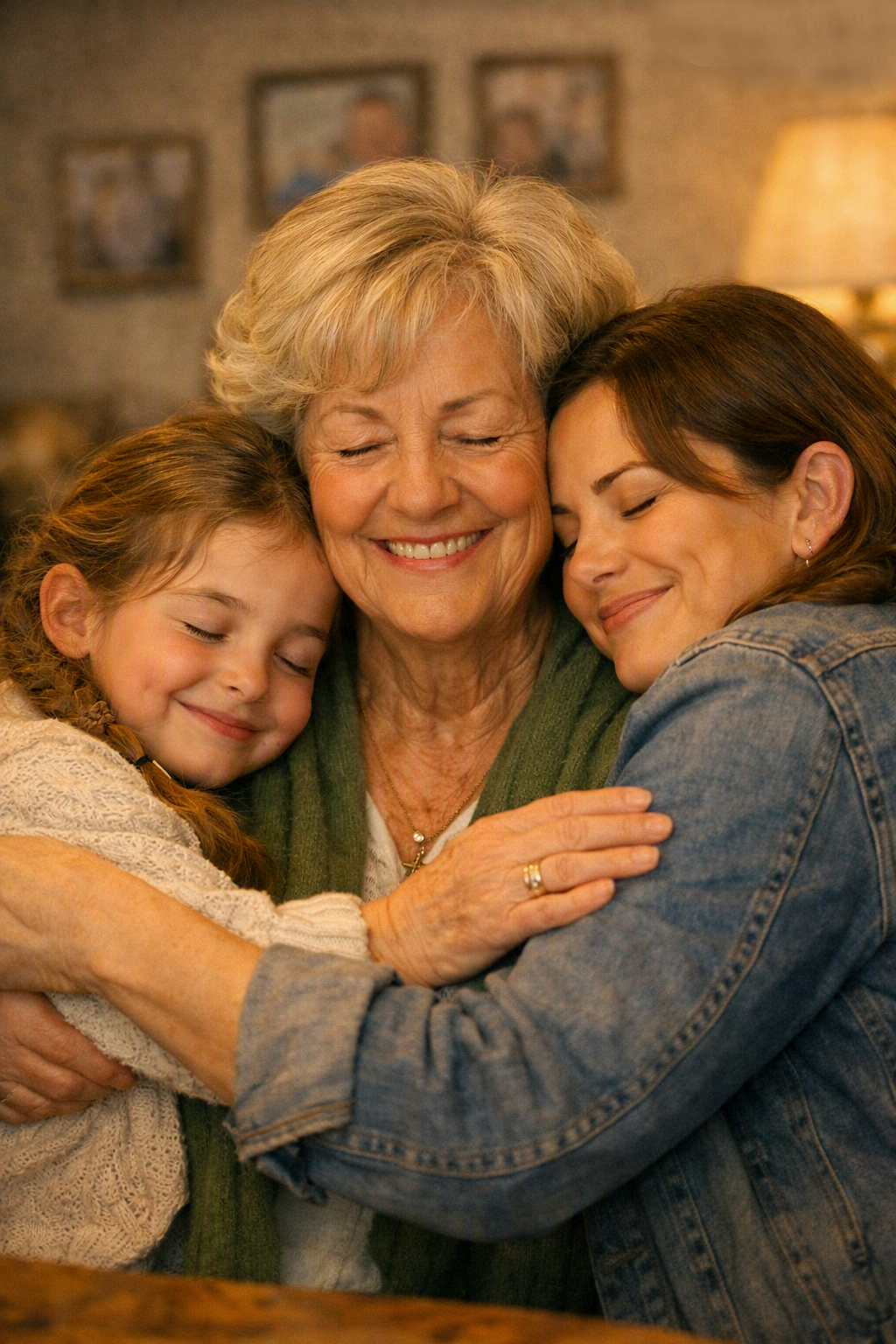 Warm portrait of three generations of women—a grandmother, daughter, and young granddaughter—smiling together in a heartfelt embrace.