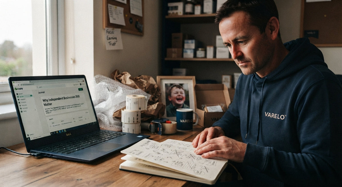Independent business owner reviewing journal drafts and design sketches at a desk surrounded by shipping supplies, illustrating the human story behind VARELO™ and the mission that drives the brand.