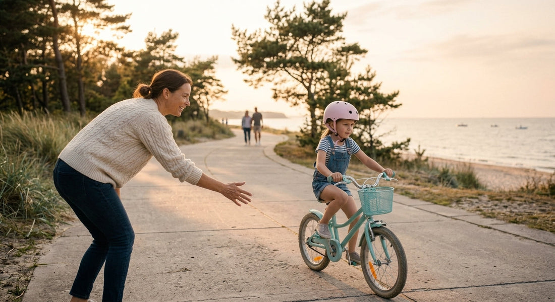A mother smiling as she reaches her hand toward her young daughter, who is wearing a pink helmet and riding a bicycle independently along a coastal path at sunset.