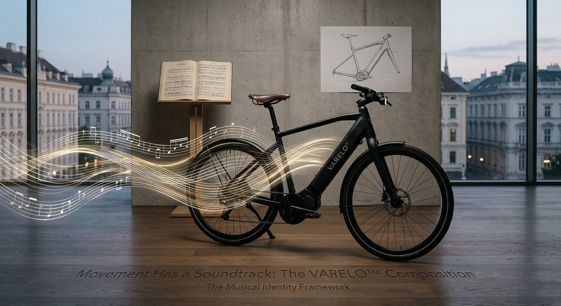 Sleek matte black VARELO electric bike in a luxury European gallery with glowing musical staff overlays, sheet music, and the title Movement Has a Soundtrack: The VARELO Composition.