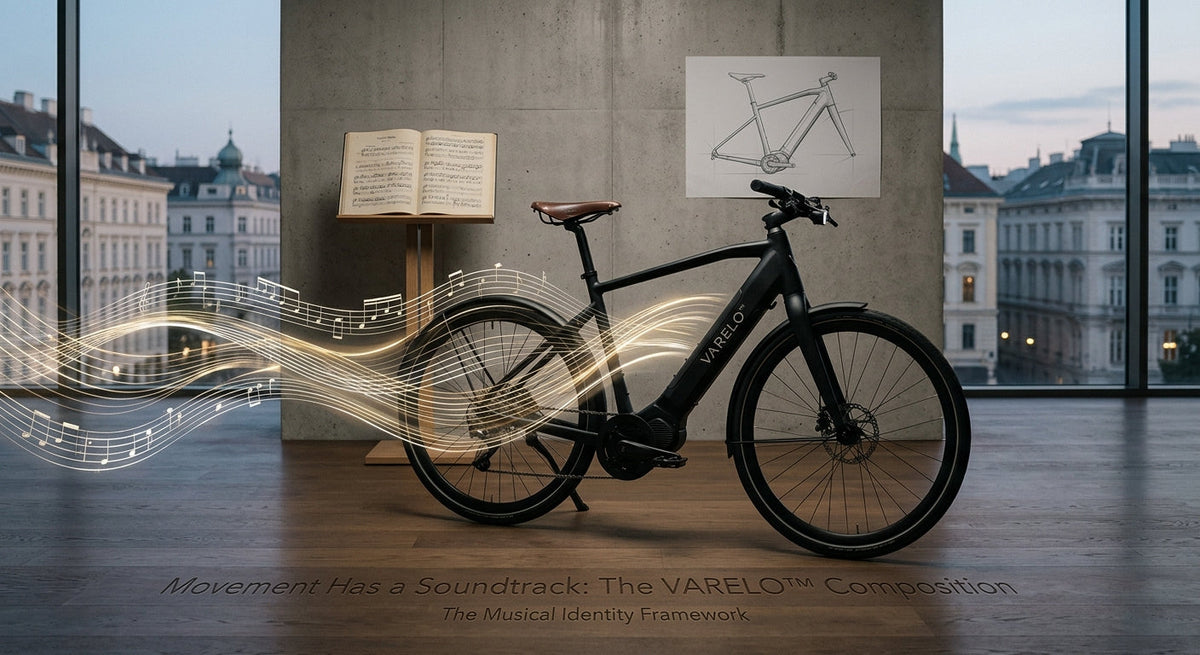 Sleek matte black VARELO electric bike in a luxury European gallery with glowing musical staff overlays, sheet music, and the title Movement Has a Soundtrack: The VARELO Composition.