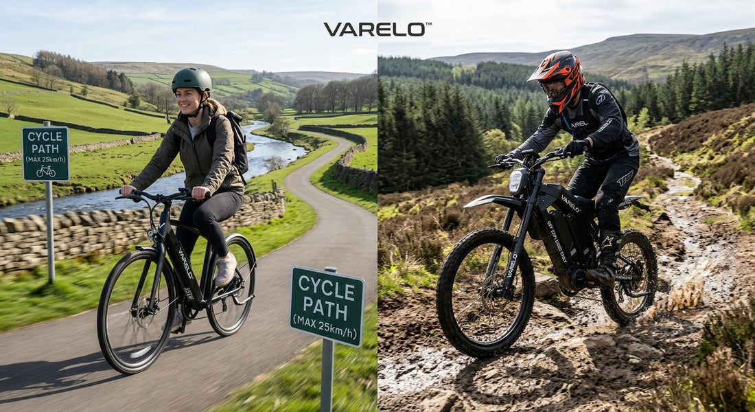 VARELO e-bike comparison showing a 250W road-legal electric bicycle on a paved cycle path alongside a high-power off-road e-bike on a rocky private-land trail.