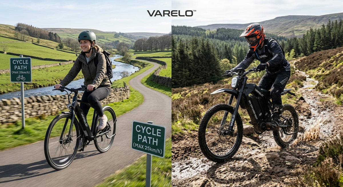 VARELO e-bike comparison showing a 250W road-legal electric bicycle on a paved cycle path alongside a high-power off-road e-bike on a rocky private-land trail.