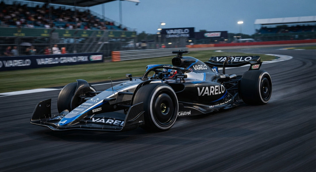 Modern VARELO™ Formula 1 concept car in black and titanium livery rounding a twilight track corner.