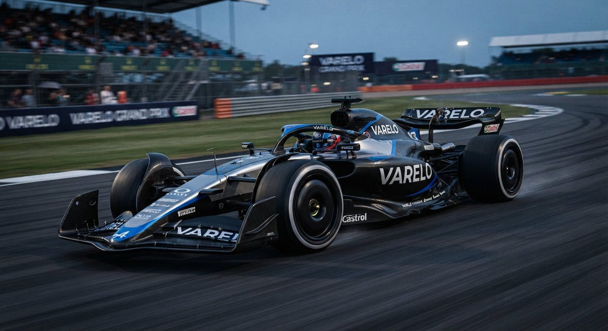 Modern VARELO™ Formula 1 concept car in black and titanium livery rounding a twilight track corner.