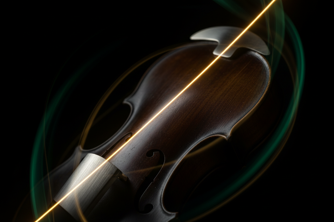 Abstract cinematic editorial artwork of a dark polished violin with sleek metallic components, illuminated by a sharp golden light beam and circling green light flares symbolizing spring renewal and motion