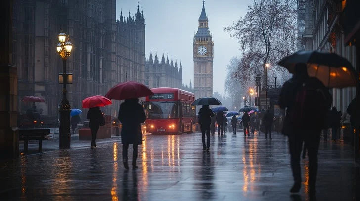 People walking with umbrellas along a rainy London street, heading toward Westminster, with headlights and streetlights reflecting across the wet pavement.