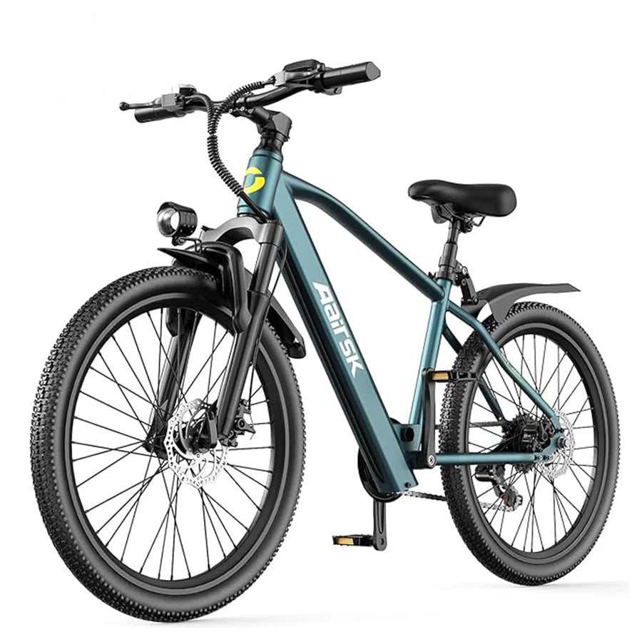 Aairsk GT300 road legal electric bike in blue featuring 26 inch Kenda tyres, dual full suspension, mechanical disc brakes, integrated front LED headlight, and commuter mudguards