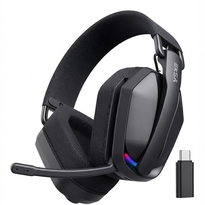 Studio portrait of the EKSA G19BT wireless gaming headset in classic black with USB transmitter