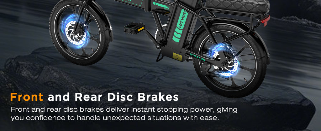 HITWAY BK5SL Electric Bike image showing front and rear disc brakes sitting on a large rock by water