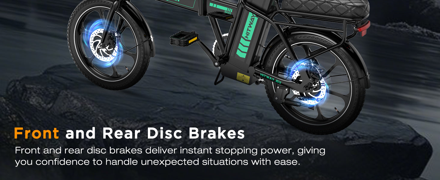 HITWAY BK5SL Electric Bike image showing front and rear disc brakes sitting on a large rock by water