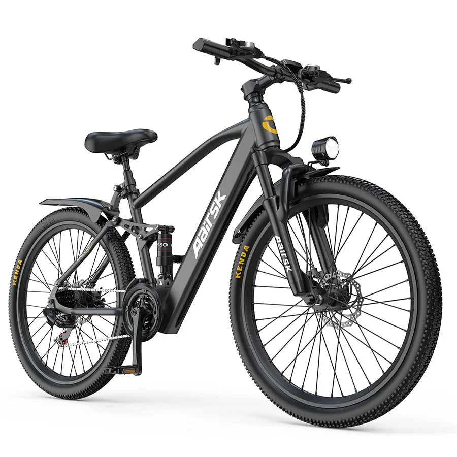 Aairsk GT900 full suspension electric mountain bike in space black with a 26 inch frame, integrated frame battery, central rear shock absorber, front suspension fork, mechanical disc brakes, and premium Kenda tires