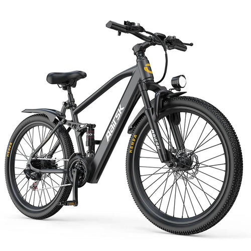 Aairsk GT900 full suspension electric mountain bike in space black with a 26 inch frame, integrated frame battery, central rear shock absorber, front suspension fork, mechanical disc brakes, and premium Kenda tires