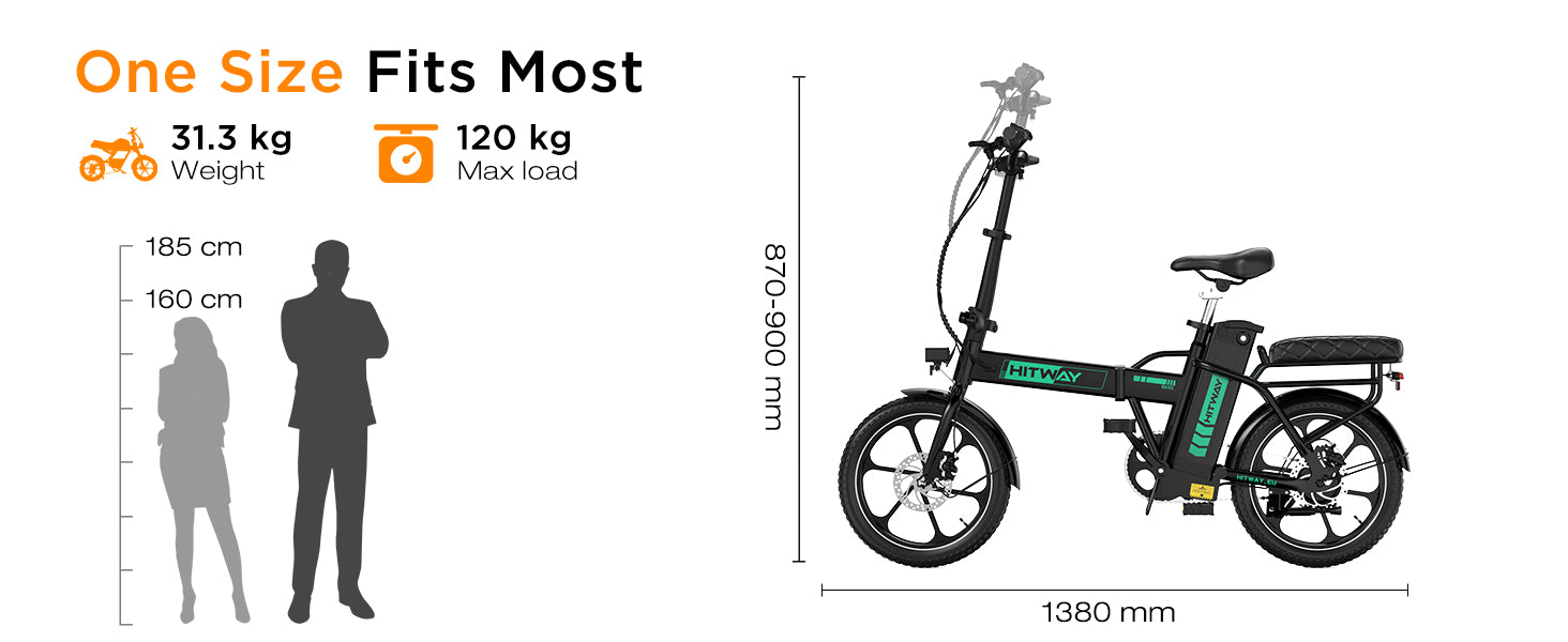 HITWAY BK5SL Electric Bike dimensions image for this bike showing this e-bike fits most people and the e-bikes weight and maximum load