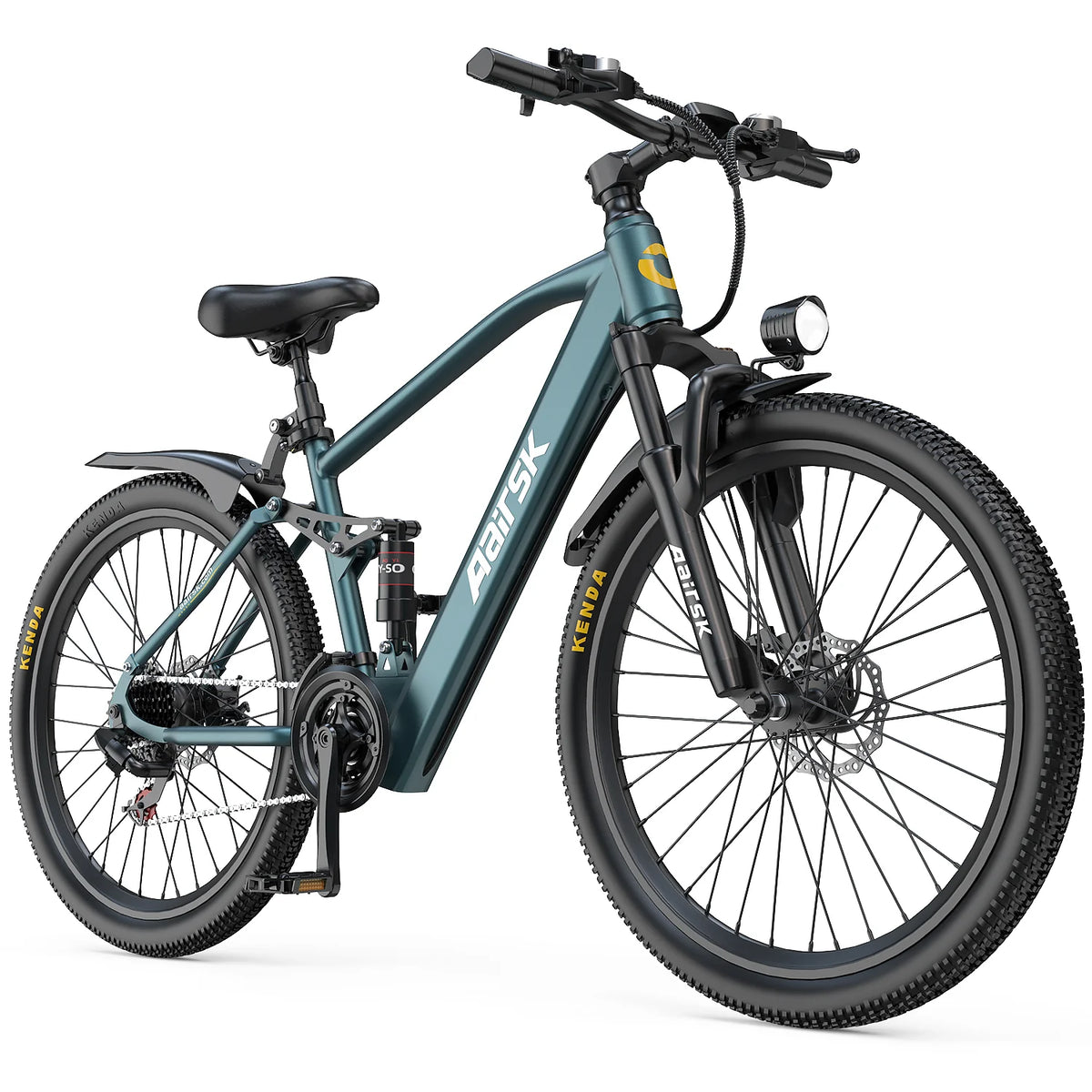 Aairsk GT900 full suspension electric mountain bike in blue with a 26 inch frame, integrated frame battery, central rear shock absorber, front suspension fork, mechanical disc brakes, and premium Kenda tires
