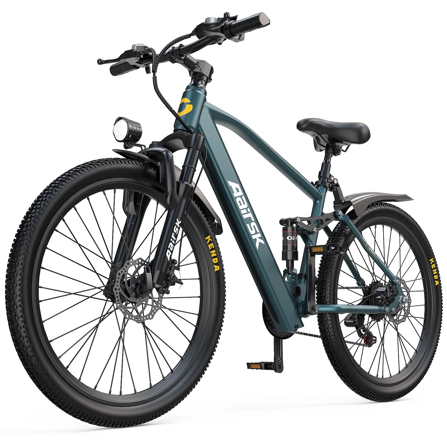 Aairsk GT900 full suspension electric mountain bike in blue with a 26 inch frame, integrated frame battery, central rear shock absorber, front suspension fork, mechanical disc brakes, and premium Kenda tires