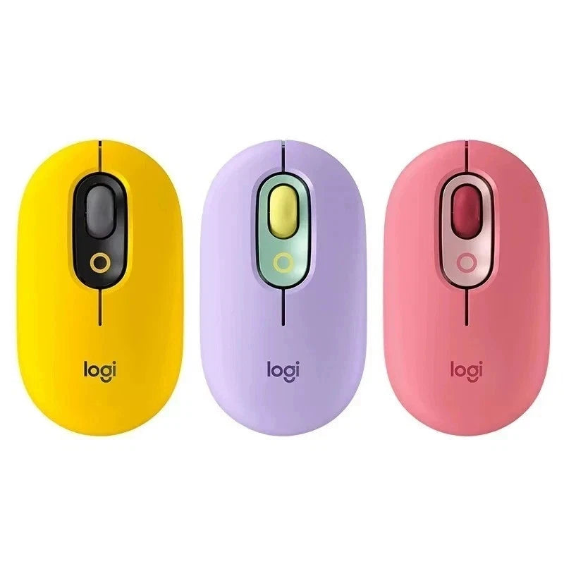 Three colorful Logitech mice in yellow, purple, and pink on a white background