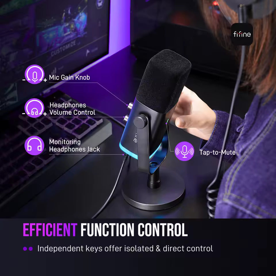 Close-up of efficient function control dials and touch-mute button on the FIFINE AM8