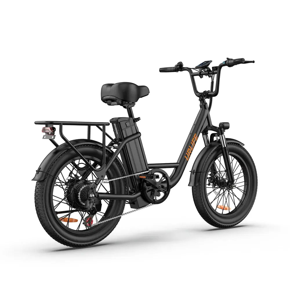 URLIFE E20 black folding electric bike showing rear drivetrain, disc brake, and rear luggage rack