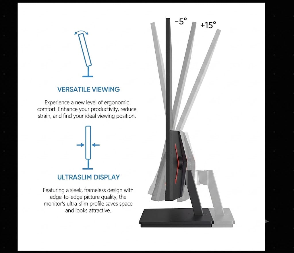 A product infographic showing a slim modern monitor stand with text callouts for 'VERSATILE VIEWING' and 'ULTRASLIM DISPLAY,' plus angle indicators -5° and +15° on a white background.