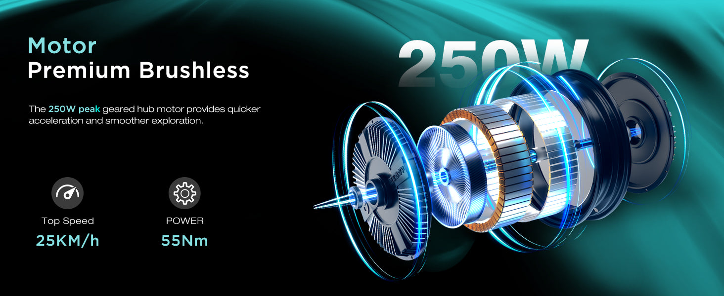 Motor Premium Brushless with 250W peak hub motor on a dark background