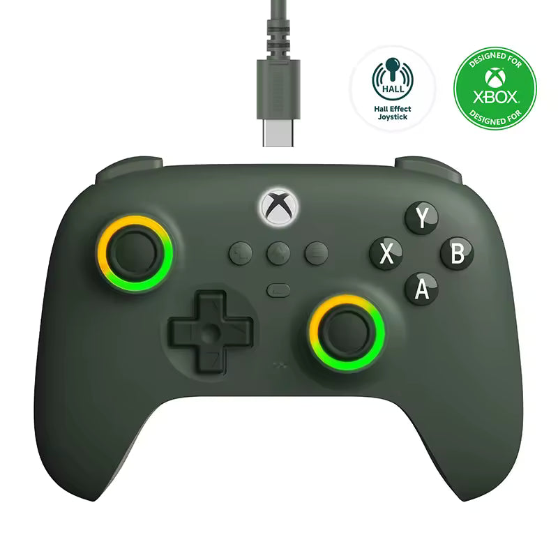 Dark green Xbox‑compatible gaming controller featuring dual Hall Effect joysticks with RGB rings in blue, purple, and pink gradients, USB‑C cable connection, and official “Designed for Xbox” certification badge.