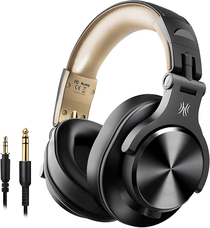 OneOdio Fusion A70 black & gold wireless DJ headphones featuring plush over-ear cushions, swiveling earcups, USB charging cable, 3.5mm audio lead, and 6.35mm jack connector.