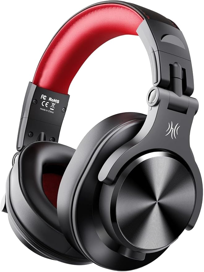 OneOdio Fusion A70 Black & Red wireless DJ headphones featuring plush over-ear cushions, swiveling earcups, USB charging cable, 3.5mm audio lead, and 6.35mm jack connector.