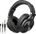 OneOdio Fusion A70 black wireless DJ headphones featuring plush over-ear cushions, swiveling earcups, USB charging cable, 3.5mm audio lead, and 6.35mm jack connector.