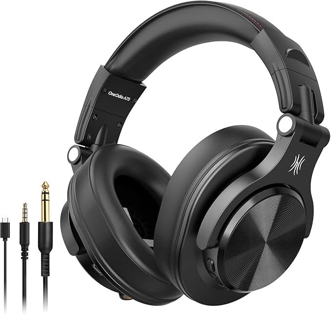 OneOdio Fusion A70 black wireless DJ headphones featuring plush over-ear cushions, swiveling earcups, USB charging cable, 3.5mm audio lead, and 6.35mm jack connector.