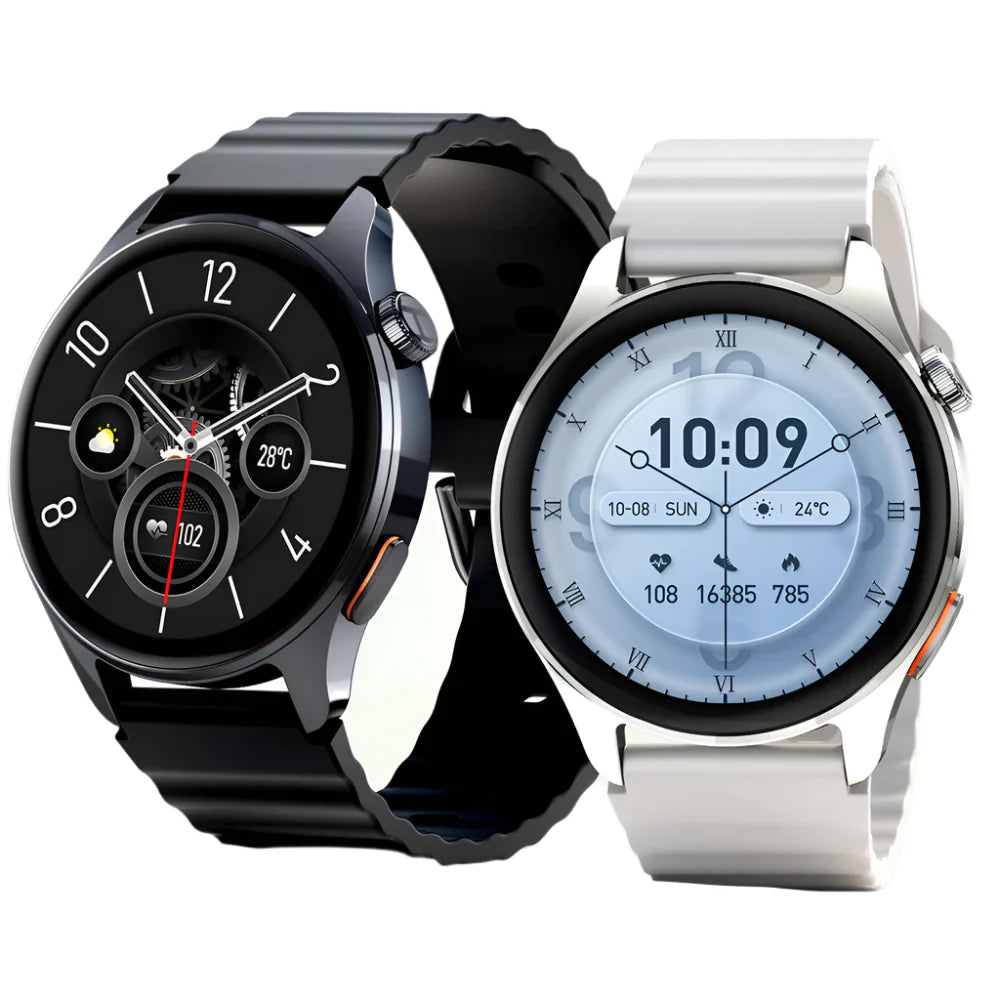Two smartwatches shown side by side on a white background: one with a black case and black strap, and one with a silver case and white strap. Both have round analog-style digital watch faces.