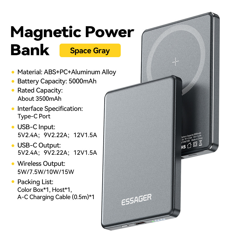 Essager Thin Magnetic Wireless Power Bank 5000mAh in space gray showing front metallic body and MagSafe charging pad with full specifications