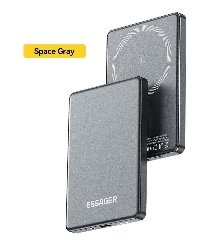 Essager Thin Magnetic Wireless Power Bank 5000mAh in space gray showing front metallic body and MagSafe charging pad