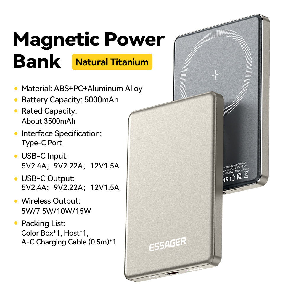 Essager Thin Magnetic Wireless Power Bank 5000mAh in Natural Titanium showing front metallic body and MagSafe charging pad with full specifications