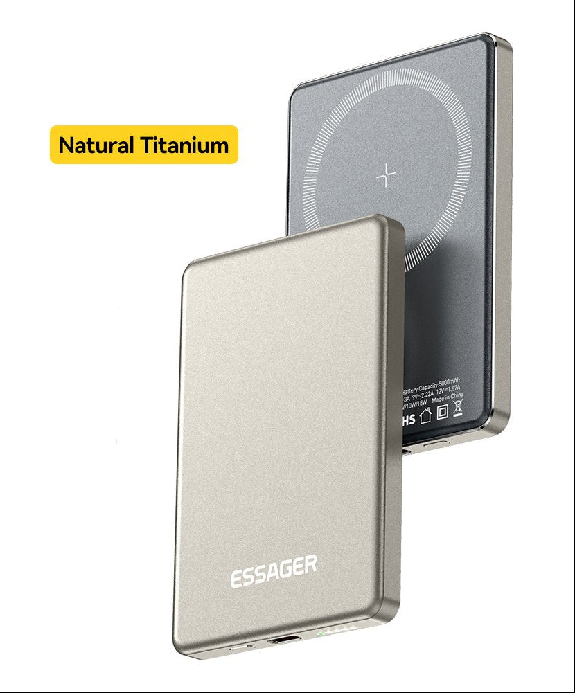 Essager Thin Magnetic Wireless Power Bank 5000mAh in Natural Titanium showing front metallic body and MagSafe charging pad