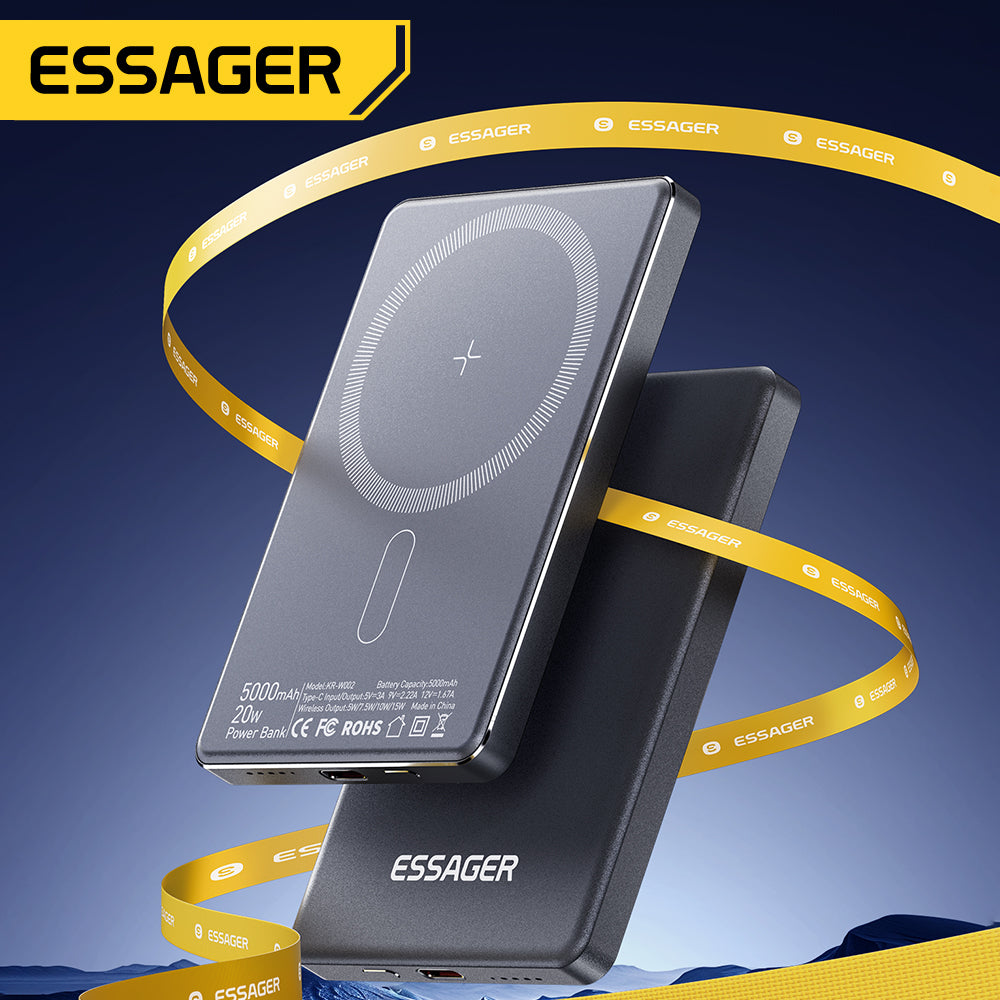 Essager Thin Magnetic Wireless Power Bank 5000mAh 20W in Space Grey highlighting MagSafe wireless ring and metallic body
