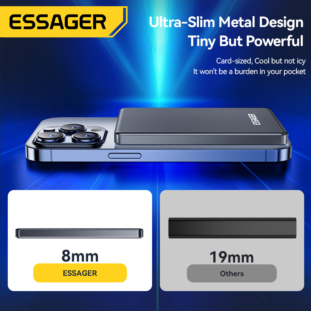 Essager Thin Magnetic Wireless Power Bank 8mm ultra-slim metallic design compared to standard 19mm power banks on iPhone