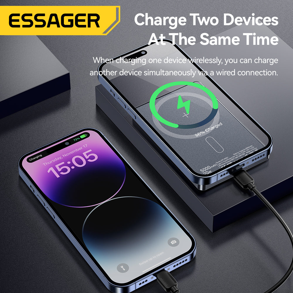 Essager Thin Magnetic Wireless Power Bank 5000mAh charging two iPhones simultaneously via MagSafe wireless pad and USB-C wired cable