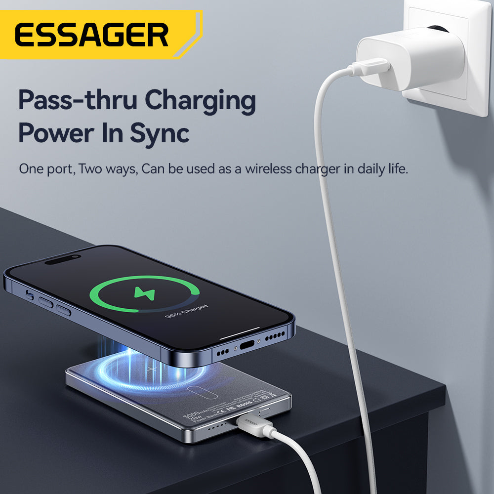 Essager Thin Magnetic Wireless Power Bank 5000mAh demonstrating pass-thru charging while wirelessly powering an iPhone connected to a wall outlet